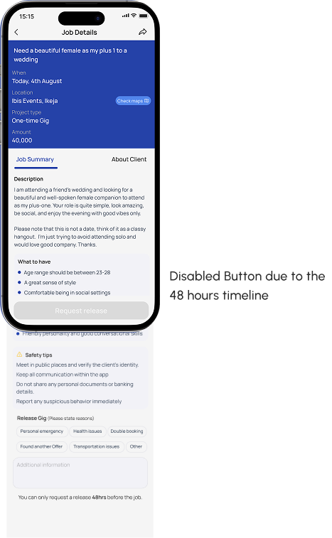 Booked job details with disabled Release button during the 48 hour protection window